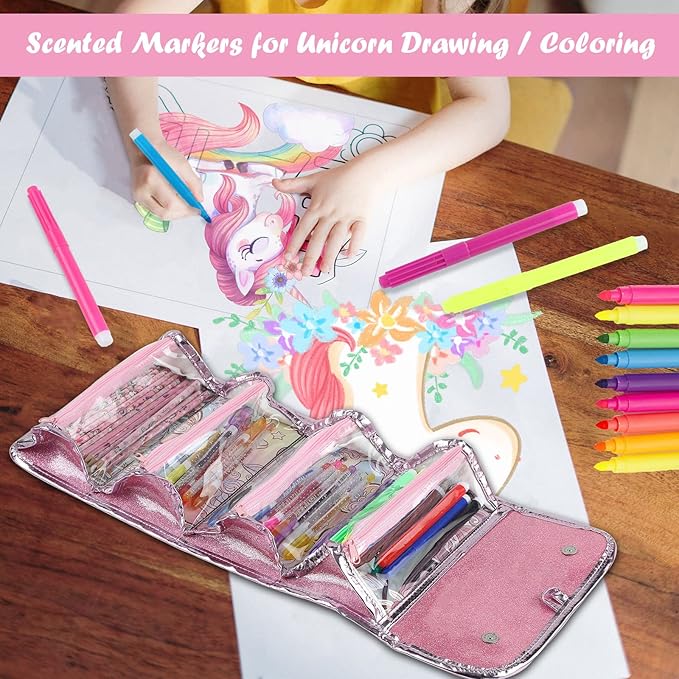 Fruit Scented Markers Set 56 Pcs with Unicorn Pencil Case, Gifts for Girls Ages 4-6-8, Supplies for Kids Art and Craft Coloring