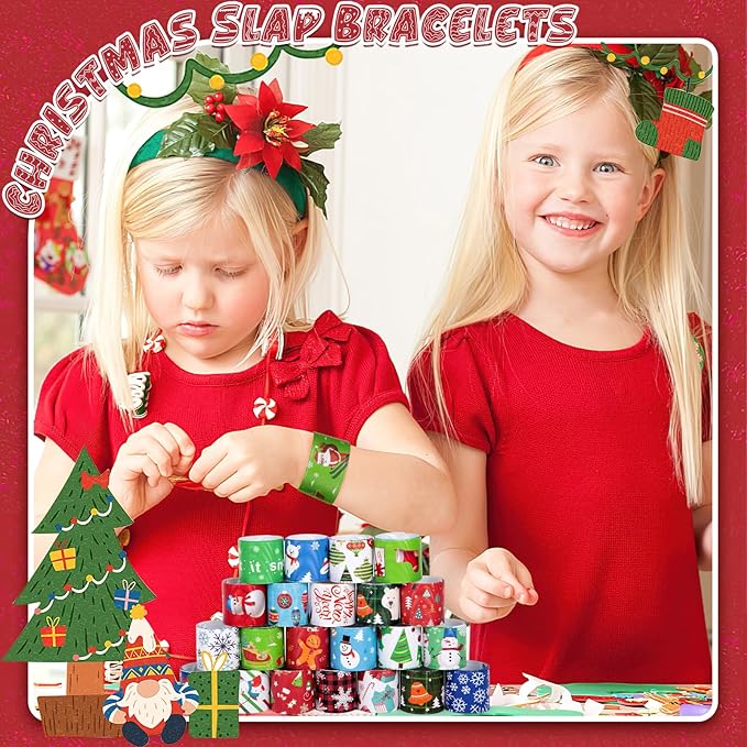 LovesTown 64PCS Christmas Slap Bracelets for Kids, Christmas Snap Bracelets Bulk Christmas Slap Wristbands for Stocking Stuffers Goodie Bag Fillers