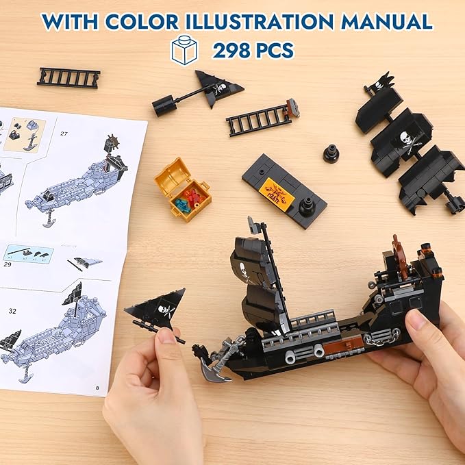 BRICK STORY Pirate Ship Building Sets Pirates Model Kits 298 Pieces Creative Black Ships Building Blocks Toys Gift for Boys Ages 6+, Pirate Themed Boat Collection Toy for Kids & Adult