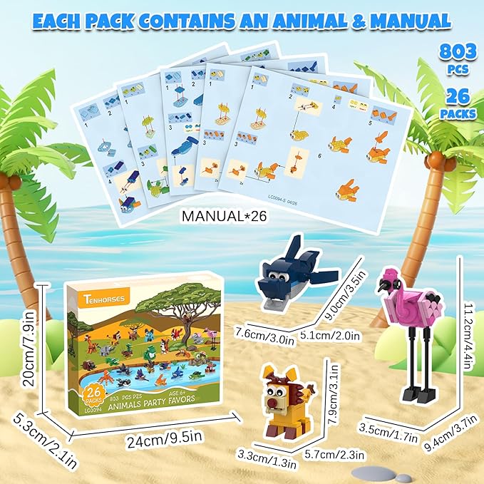 Tenhorses Party Favors for Kids Building Set, 26 Pack Animals Building Block Toys Valentines Classroom Prizes Goodie Bags, Easter Basket Stuffers Christmas Birthday Gift for Kids 8-12 (803PCS)