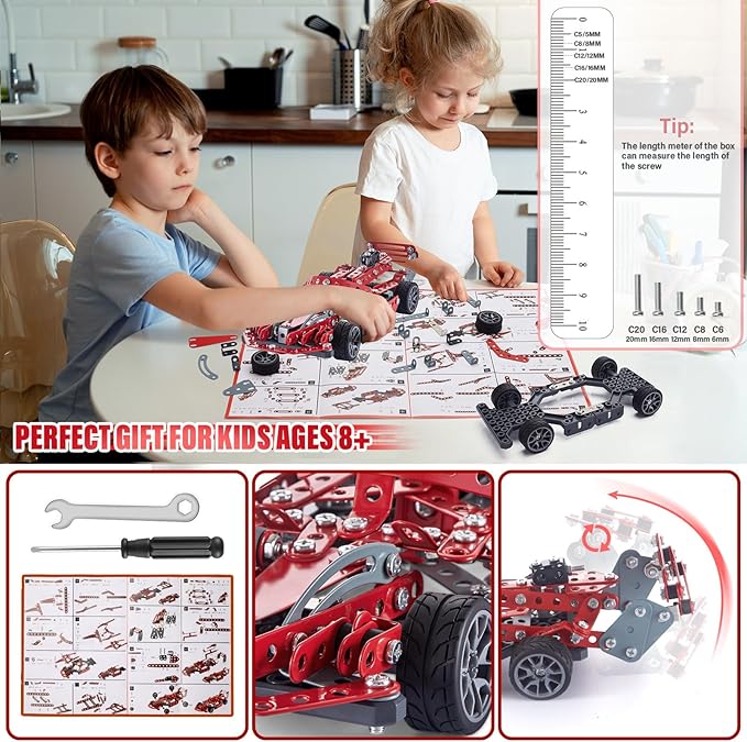 Building Kit Red Model Car Set - 287 PCS STEM Project Building Toys for Kids Ages 8-12, Assembly Building Vehicle for Boys 8 9 10 11 12-16 Years Old and Up Boys Girls Adults