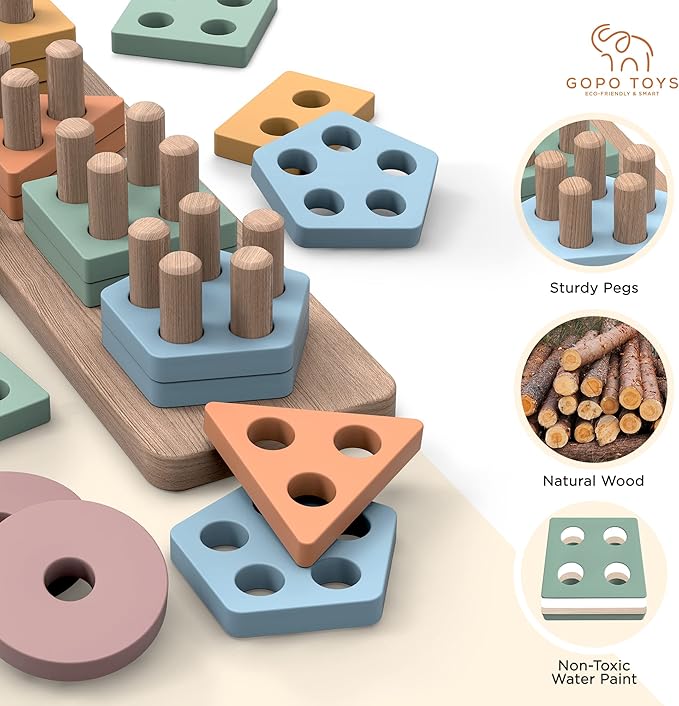 GOPO TOYS Montessori Toys for 18+ Months Old - Toddlers Wooden Sorting and Stacking Toys for Baby Boys and Girls - Shape Sorter and Color Stacker Preschool Kids Wood Gifts