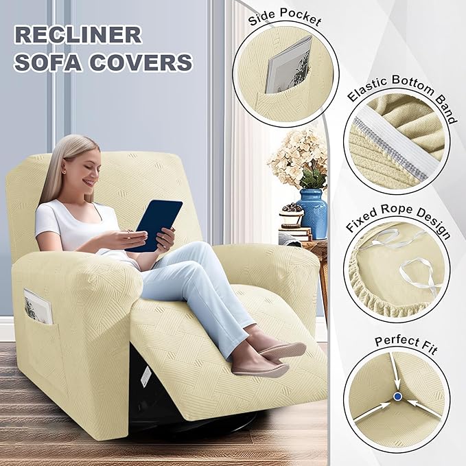 JIVINER Oversized Recliner Chair Covers, 3 Piece Slipcovers for Large Recliner Chair Soft Jacquard Reclining Chair Protector Slipcovers for Dogs,Cats (X-Large, Beige)