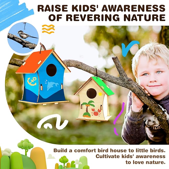 BELLOCHIDDO Bird House Kits for Kids Ages 4-8 - DIY Birdhouse Kit for Kids to Build and Paint,Wooden Arts and Crafts for Kids Girls Boys Toddlers Ages 8-12 4-6 6-8,Art&Craft for Kids Ages 8-12(2 Pack)