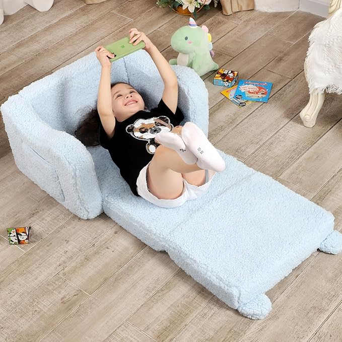 Kids Chairs for Toddler, 2-in-1 Toddler Soft Sherpa Couch Fold Out, Convertible Sofa to Lounger for Girls and Boys, Teddy Bear, Blue
