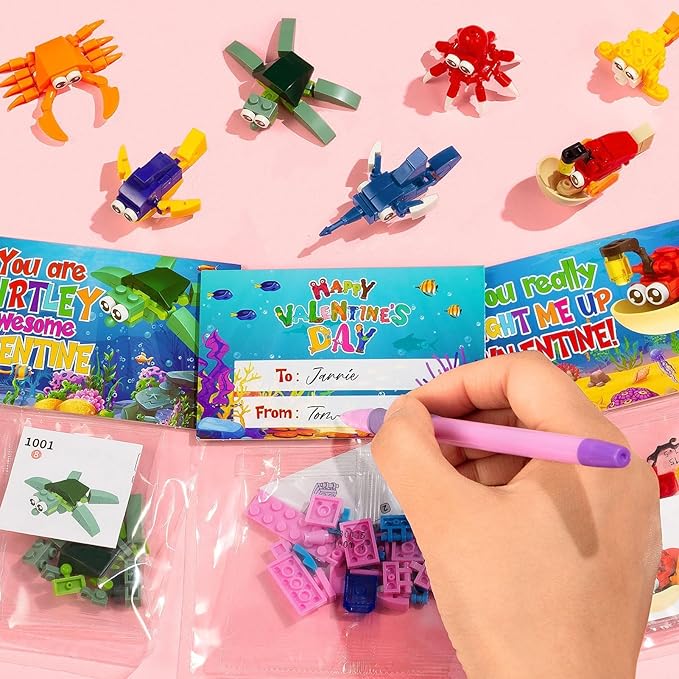Valentines Day Gifts for Kids, 24 Pack Valentines Day Cards for Kids Classroom School with Sea Animal Building Block Set, Kids Party Favors Goodie Bags Bulk Classmate Boys Girls Exchange Gifts