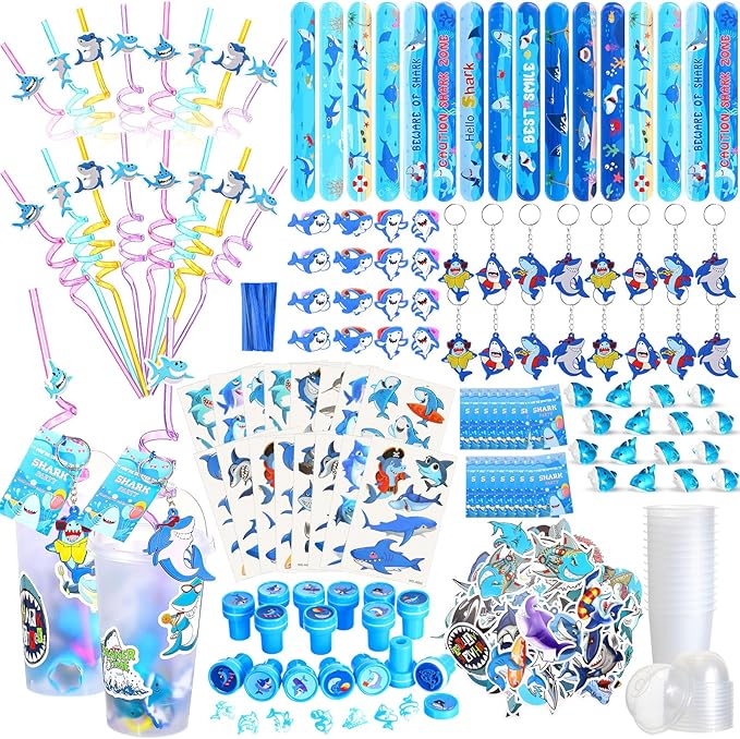 Qilery 195 Pcs Mermaid Party Unicorn Party Dinosaur Party Shark Party Favors Includes Plastic Cup with Lid Straw Keychain Bracelet Ring Stamper Stickers Tag For Party Favors Piñata Filling (Shark)