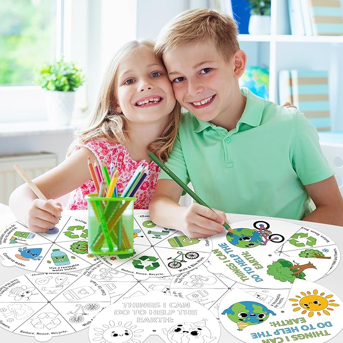 COcnny Earth Day Coloring Craft- 24 Sets Color Your Own Globe Art Craft DIY Wheel Cards for Kids, Save The Earth Eco Natural Spining Paper Craft Art for Sunday School Home Class Preschool Activities