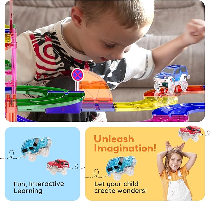 PicassoTiles 100 PCs Race Car Track Set Magnetic Toy Building Block with 2 LED Cars with Height Adjustable Roads Signs Education STEM Building Kit Learning Construction Fun for Boys & Girls Ages 3+