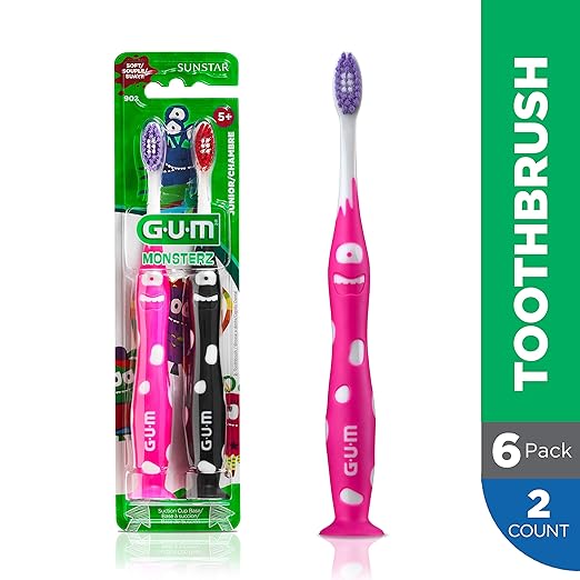 GUM Monsterz Jr Kids’ Toothbrush, Soft Bristled Children’s Toothbrush with Suction Cup, for Ages 5+, 2ct (6pk)