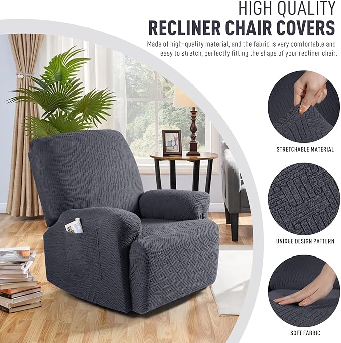 KinCam Recliner Covers, Stretch Reclining Chair Covers, Recliner Sofa Slipcovers Stripe Jacquard Recliner Couch Covers Furniture Protector Covers for Pet Kid (1 Seater, Deep Gray)