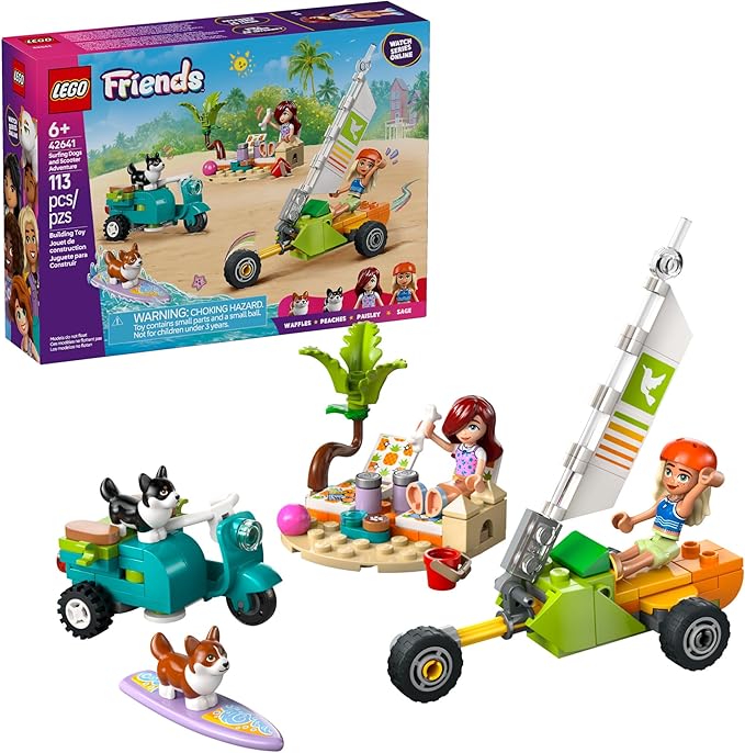 LEGO Friends Surfing Dogs and Scooter Adventure - Building Toy Pretend Play Set for Kids, Girls and Boys, Ages 6+ - with 2 Minidolls and 2 Corgi Toy Dogs - Gift Idea for Birthdays - 42641