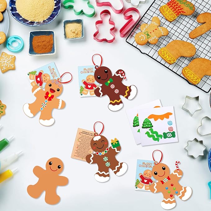Eaasty 45 Sets Legend of The Gingerbread Craft for Kids Christmas Gingerbread Man DIY Create Your Own Gingerbread Man Ornament Self Adhesive Sticker Making Kit for Kids Christmas Home Activities