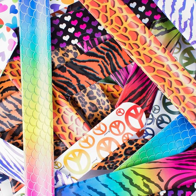 Super Z Outlet Slap On Plastic Vinyl Retro Bracelets with Colorful Hearts & Animal Print Design Patterns for Children, Toy Party Favors (72 Pack)