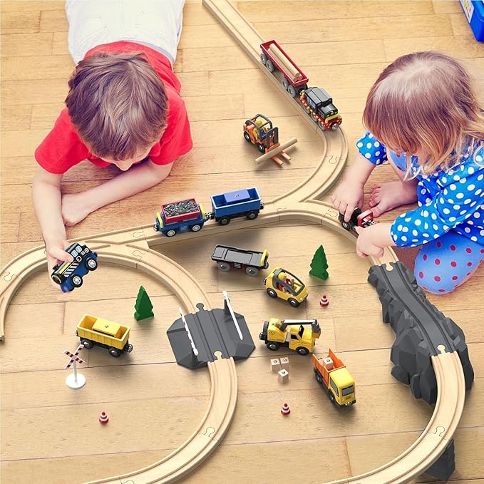 Giant bean 12Pcs Vehicles Battery Operated Train Car Set, Magnetic Mini Construction Set for Wooden Train Track, Bulk Car Toys for Toddlers Boys Girls Kids 3 4 5, Fits for Most Brands