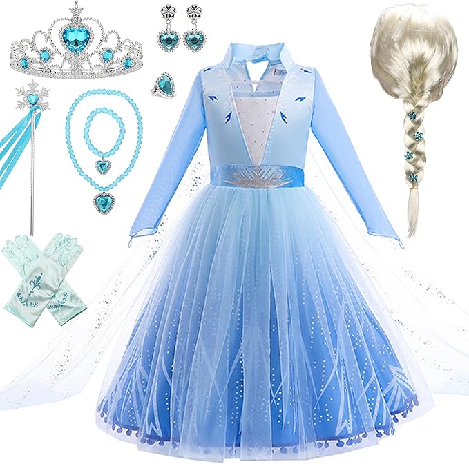 Els-a Princess Dress Costume Girls - 47.24 Inch Froze Cute Blue Princess Skirt Wig Set Role Play for Valentine's Day Birthday Party Gifts for Girls(120cm)