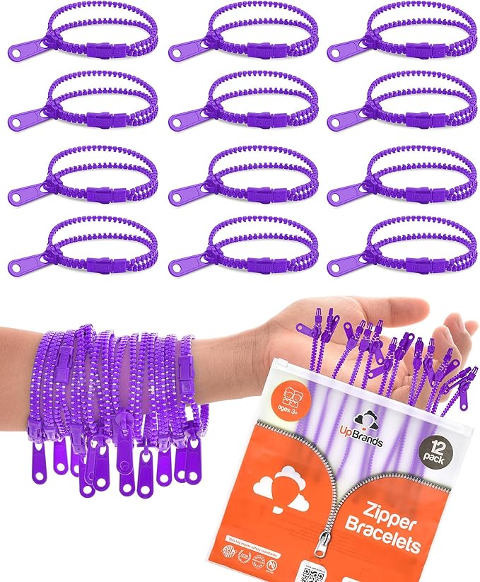 UpBrands 12-Pack Purple 7-Inch Zipper Bracelets – Fidget Party Favors for Kids, Bulk Anxiety Toys, and Stylish Accessories for Purple Heart Day & Purple Thursday