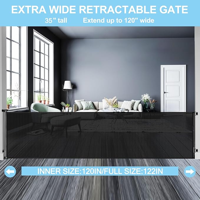 Mom's Choice Awards Winner - 120 Inch Extra Wide Baby Gate for Large Opening Retractable Baby Gates for Doorway Extra Long Dog Gate for the House Outdoor Large Pet Gates for Dog Indoor Mesh Child Gate