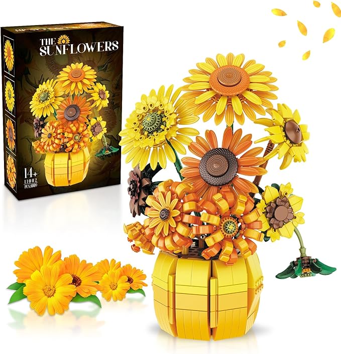 Flowers Sunflower Building Sets for Adults, Van Gogh Prints Art Botanical Collection for Woman Girls 14+, Artificial Pot Bouquet Plants Kits, Home Decor/Christmas/Valentine/Thanksgiving Birthday Gifts