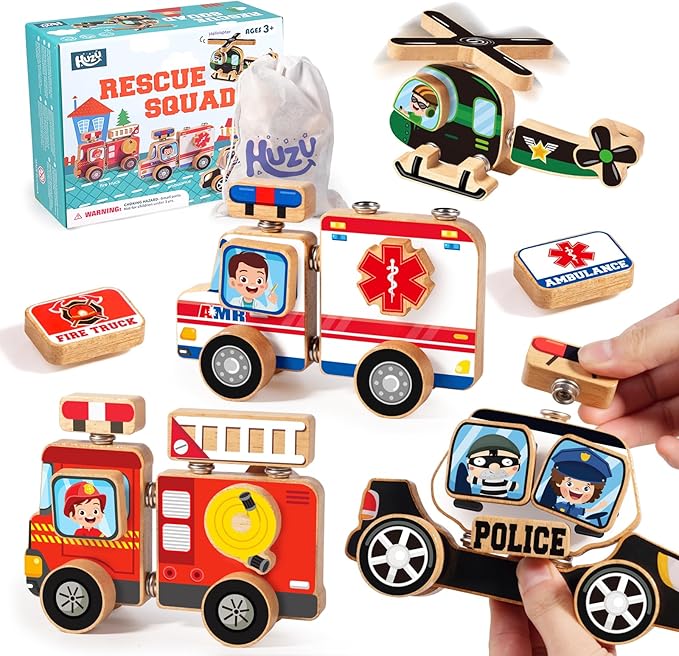 HUZU Emergency Vehicles 3D Puzzle Toy, Rescue Squad Wooden Snap Button Connection Building Blocks for Kids 3-8, Fire Truck Ambulance Police Car Helicopter Montessori Gifts for Preschool Children