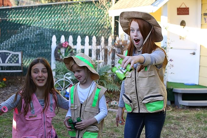 Multi-Piece Set Cargo Vest with Reflective Safety Straps, 1 8x21 Magnification Binoculars and Safari Hat for Boys and Girls (Small/Medium, Tan and Green)