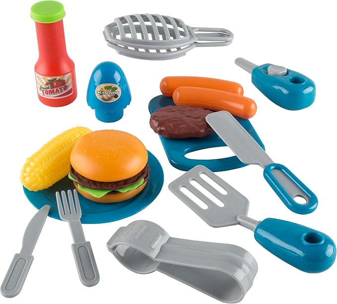 BBQ Grill Toy Set - Interactive Play Kitchen Set with Lights and Sounds, Wheels, Toy Food, and Cooking Accessories by Hey! Play!