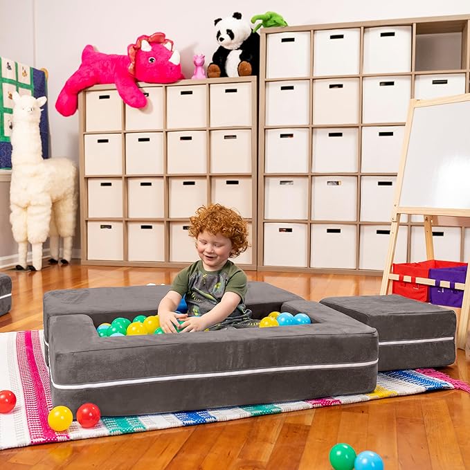 Jaxx Zipline Modular Kids Loveseat & Ottomans/Fold Out Lounger, Charcoal