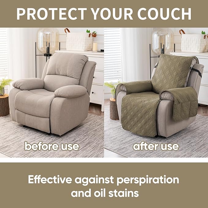 Easehomey 100% Waterproof Recliner Chair Covers, Non Slip Oversized Reclining Cover, Cover Furniture Protector Washable Chair Cover with Pocket,Elastic Straps for Kids,Pets,Dogs(Khaki,28")