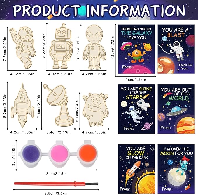 24Pcs Space Party Favors Space Cards with Art Supplies Outer Space DIY Wood Painting Craft Kits Astronaut Thank You for Coming Gifts for Kids Boys Girls Solar System Birthday Gift Bulk (Pre-Assembled)