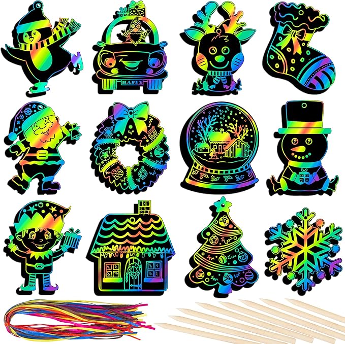 Christmas Scratch Crafts Art for Kids, 48 Pieces Rainbow Christmas Scratch Paper Art with Wooden Sticks, Christmas Ornaments for Kids Party Favors Supplies