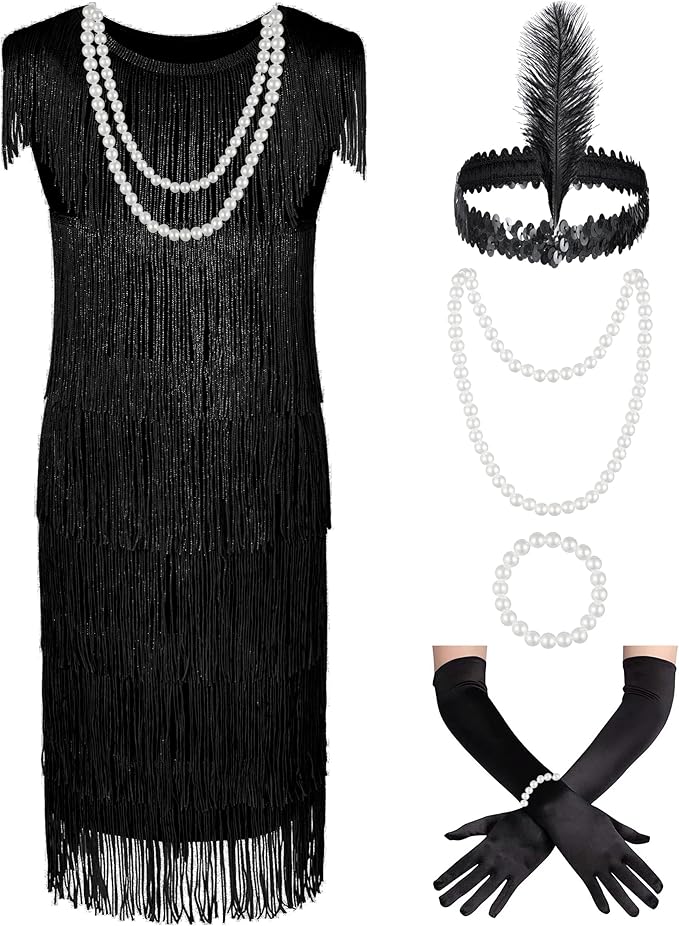 Kids 1920s Flapper Costume for Girls Dress with Accessories Set Kids Halloween Party Cosplay 4-12 Years
