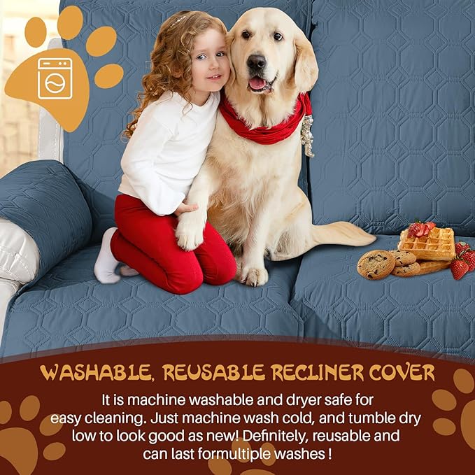 XINEAGE 100% Waterproof Recliner Chair Cover, Non Slip Covers for Recliner Chair with Pocket, Washable Dog Recliner Couch Cover with Elastic Straps (Berlin Blue, 23.6")