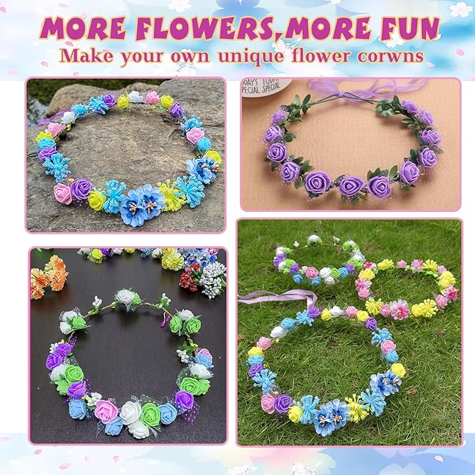 WUBOMJIO Flower Crowns Craft Kit, Make Your Own 12 PCs Flower Crowns Garland Handmade Arts and Crafts for Kids, DIY Fairy Flower Headbands and Bracelets,Hair Accessories Gift for Girls/Teens/Women