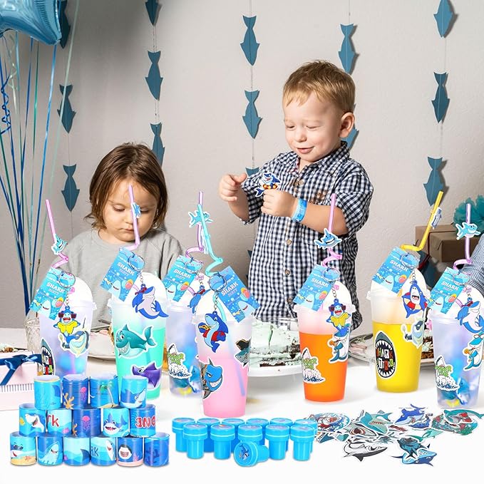 Qilery 195 Pcs Mermaid Party Unicorn Party Dinosaur Party Shark Party Favors Includes Plastic Cup with Lid Straw Keychain Bracelet Ring Stamper Stickers Tag For Party Favors Piñata Filling (Shark)