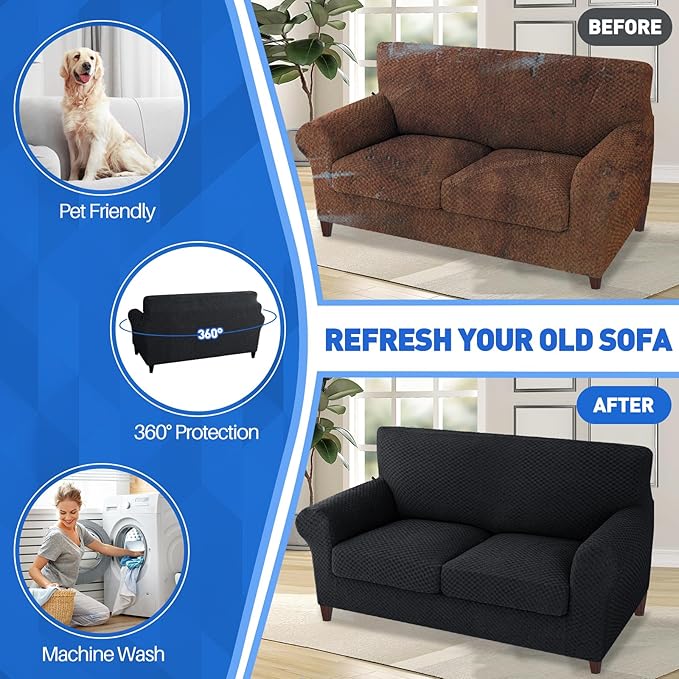 MAXIJIN 3 Piece Jacquard Couch Covers for 2 Cushion Couch Stretch Non Slip Love Seat Couch Cover for Dogs Pet Friendly Elastic Furniture Protector Loveseat Slipcovers (Loveseat, Black)