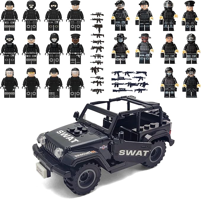 Toysvill SWAT Military Police Building Block Set for Kids | SUV + Soldiers Minifigures (22 PCS) with Weapons and Accessories Gift