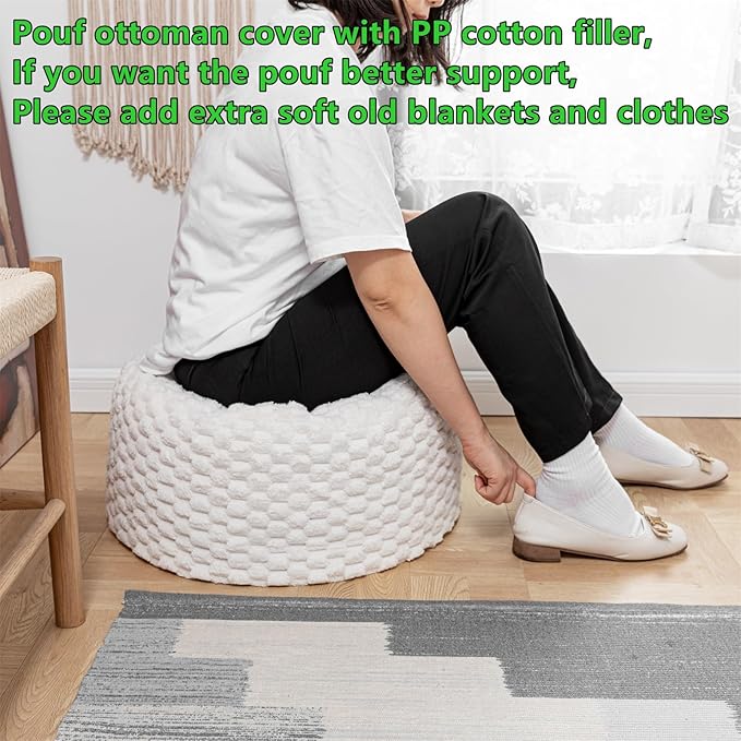Round Stuffed Pouf Ottoman 20x20x12 Inches Faux Fur Ottoman Foot Rest Under Desk Foot Stool Great for Living Room, Bedroom Small Furniture (Ivory Pouf with Filler)