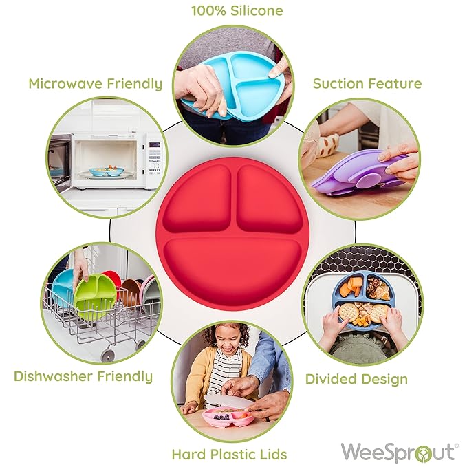 WeeSprout Suction Plates with Lids for Babies & Toddlers - 100% Silicone, Dinnerware Stays Put, Divided Design for Picky Eaters, Microwave & Dishwasher Friendly, 3 Pack