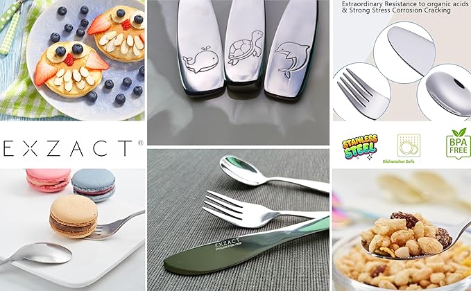 Exzact Children Flatware 6pcs, Stainless Steel Kids Silverware Toddler, Dishwasher Safe, BPA Free, 24M+, Engraved Ocean Creatures Dolphin, Turtle, Whale