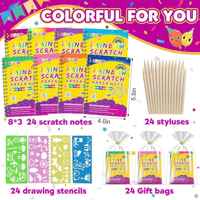 pigipigi Party Favor Toy for Kids: 24 Pack Rainbow Art Scratch Notebook, Colorful Craft Scribble Paper Magic Black Drawing Pad kit, Activity Gift Set for Girl Boy Children Birthday Christmas