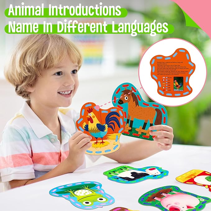 9 PCS Kids Lacing Cards, 9 Double Sided Farm Animals Sewing Cards with 9 Colorful Laces, Educational & Learning Toys for Preschoolers, Kids Ages 3+