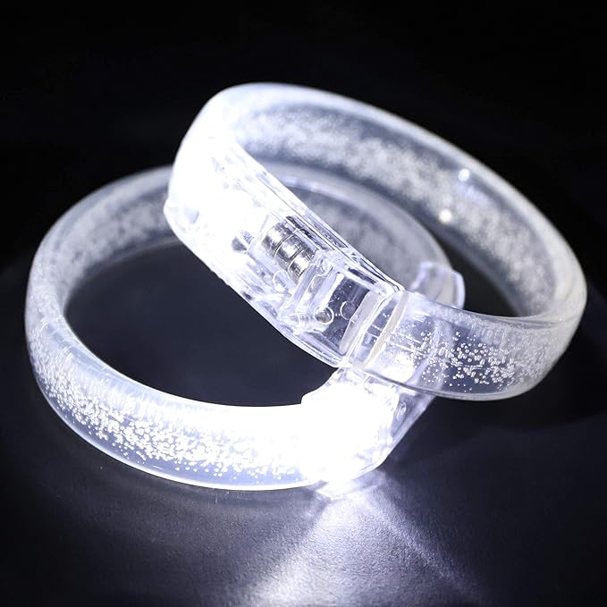 LED Light up Bracelets, White Glow Wristbands Party Favors Toys Supplies for Birthday, Halloween, Carnivals Parties, Clear Case 30 Pack