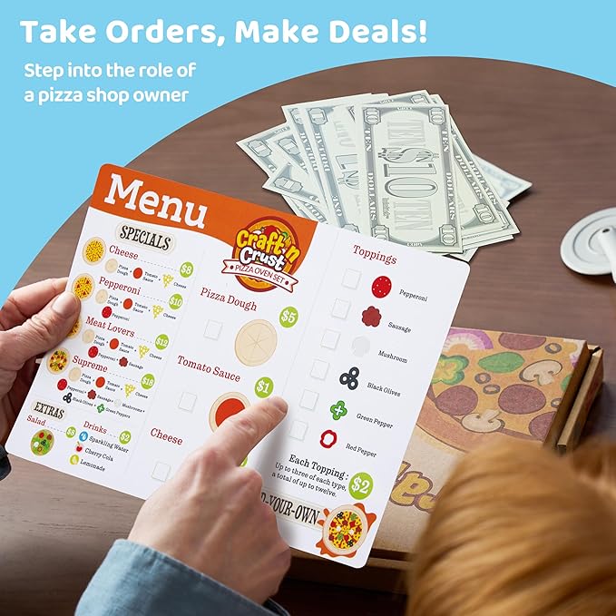Play Food Toddler Toy - Pizza Toy with 18 Toppings - Pretend Cutting Food for Kids - Craft 'n Crust - Interactive Check Out - Play Money - Cooking Kitchen Accessories for Boys and Girls