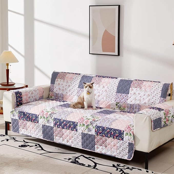 EVENHUG Loveseat Sofa Cover Patchwork Floral Sofa Slipcover Washable Couch Cover 2 Cushion Sofa Furniture Protector Cover with Elastic Straps for Pets Kids Dog Cat (Loveseat,Pink&Purple)
