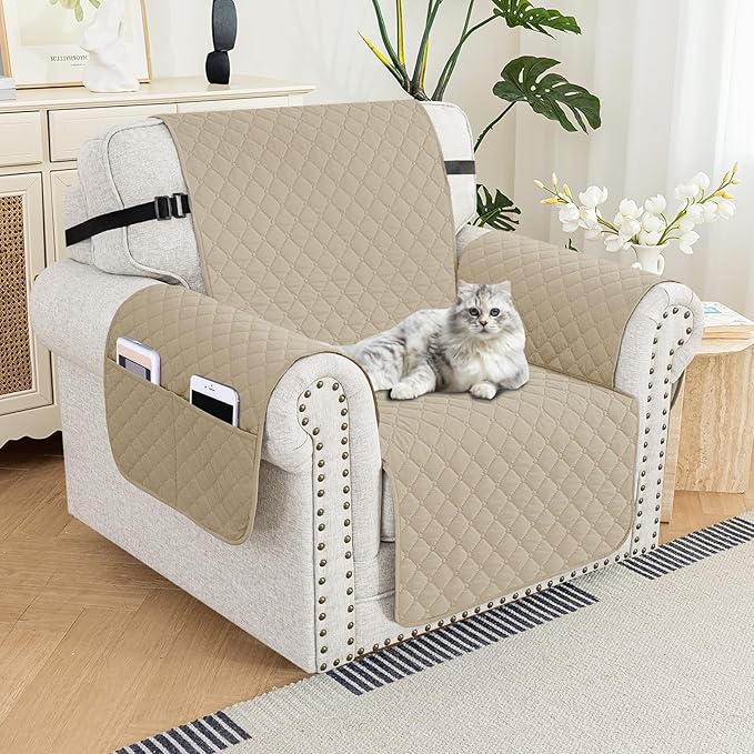 XINEAGE Quilted Chair Sofa Cover Waterproof Chair Covers for Armchair, Super Soft Washable Slipcover with Pockets & Non-Slip Elastic Straps, Thick Furniture Protector (Chair, Khaki)