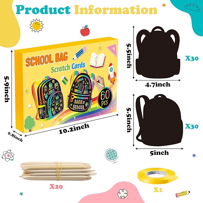 B1ykin School Bag Scratch Cards Gift - Back to School Magic Bag Scratch Paper Art Kit for Kids, DIY First Day of School Scratch Off Hanging Card Party Favors for Classroom Activity Art Project