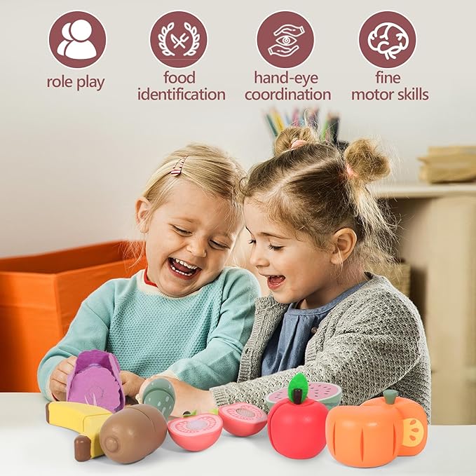WHOHOLL Play Food Set for Play Kitchen Accessories, Wooden Toys Food Pretend Cutting Food with Apron, Montessori Toys for 1+ Years Old Girls Boys Eye-Protection Learning Resources