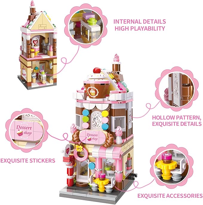 QMAN Girls Building Blocks Toy Dream Dessert House Building Kit Street-View Construction Educational Toy for Girls Age 6-12 and Up (344 Piece)