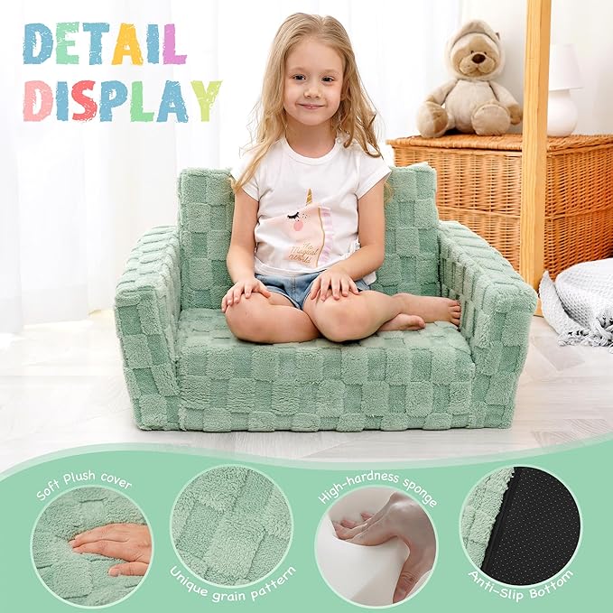 Kids Sofa, Toddler Chair, 2-in-1 Flannel Kids Fold Out Couch, Toddler Convertible Sofa to Lounger, Flip Open Toddler Couch for Kids (Green)