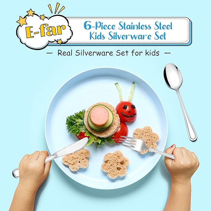E-far 6-Piece Kids Silverware, Stainless Steel Toddler Utensils Safe for Preschooler/Children, Includes 2 Kids Forks 2 Spoons 2 Knife, Slimline Adult Look & Small Size, Rust Free & Dishwasher Safe
